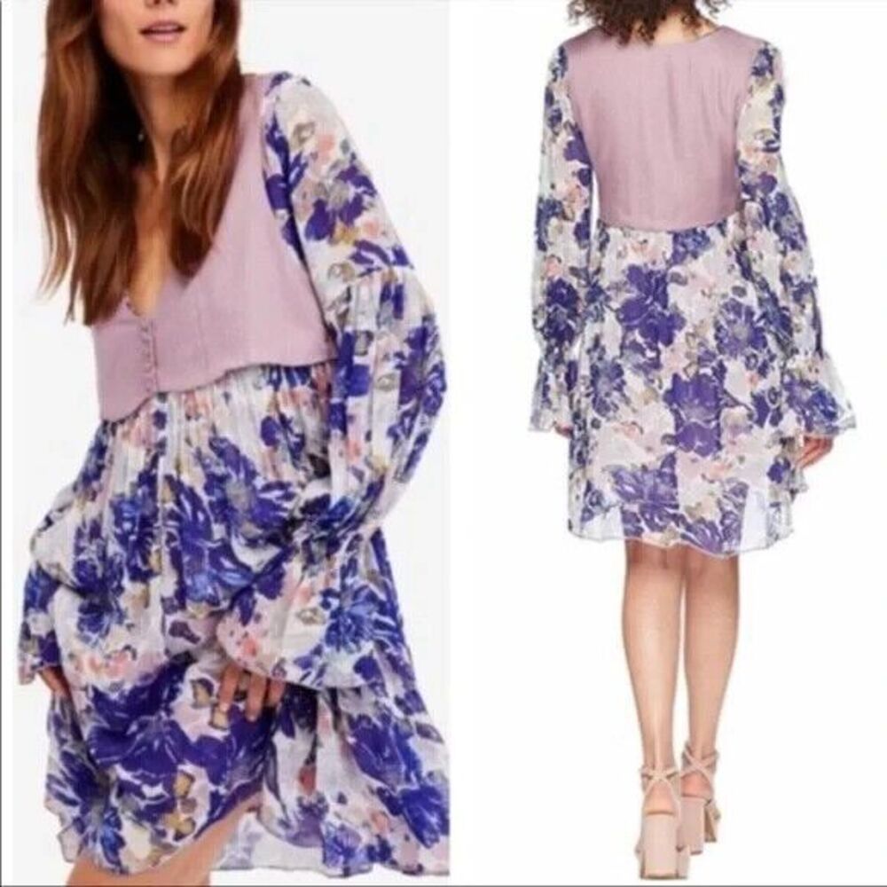 New S Womens NWT Free People Alice Vested Dress Floral Ivory Combo $148 Purple
